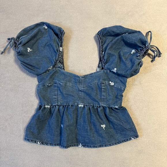 Sim & Sam Denim Puff Sleeve Top Medium Crop Boho Babydoll Western Festival Y2K - Picture 2 of 7